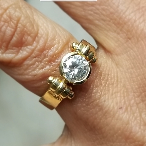 vintage 14k Diamonique Cz barbell shank unique gold ring - Picture 1 of 16